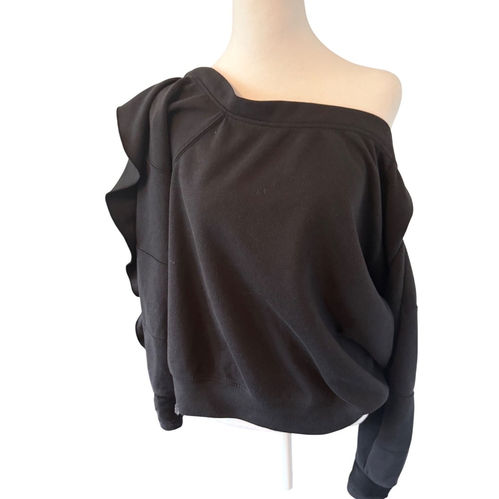 FP Movement Free People Black One Shoulder Ruffle Sweatshirt Pullover Womens